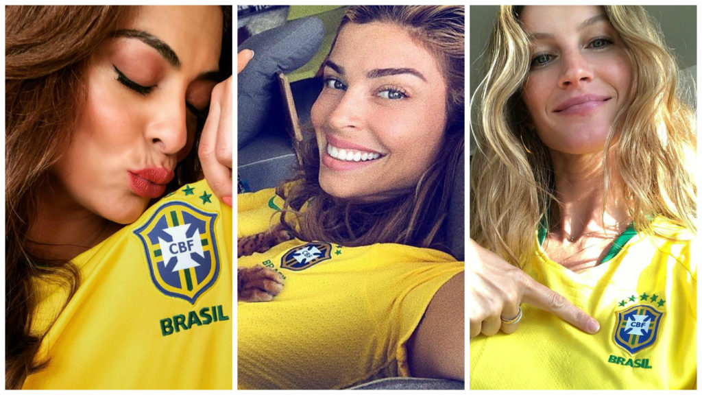 Juliana Paes, Grazi Massafera e Gisele Bündchen, com as camisetas oficiais do Brasil de 2018 (Fotos: Reprodução/Instagram)