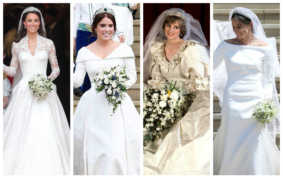As noivas Kate, Eugenie, Lady Di e Meghan (Fotos: Reprodução/www.royal.uk)