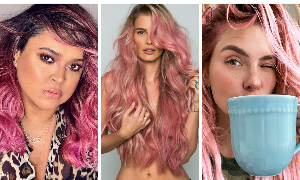 Preta Gil, Yasmin Brunet e Carolina Dieckmann de cabelo rosa (Fotos: Reprodução/Instagram)