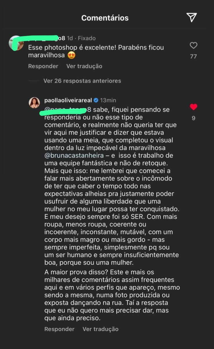 Resposta de Paolla Oliveira ao comentário de internauta (Foto: Reprodução/Instagram)